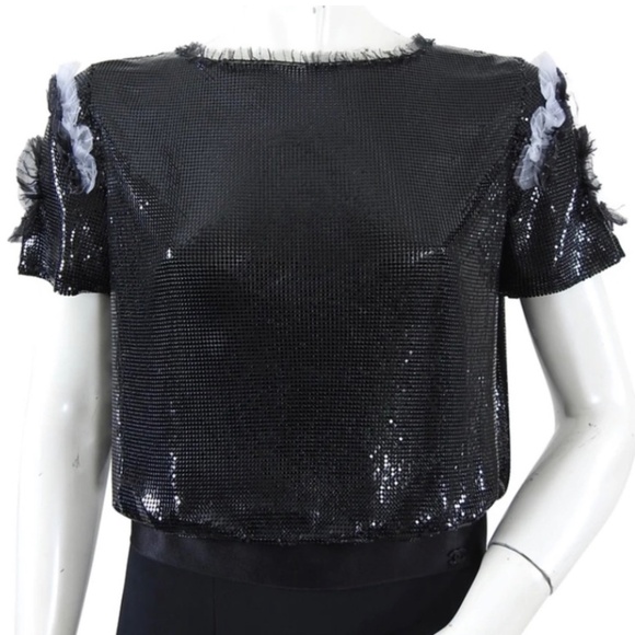 Circa Chanel 2008 Runway Sequin Black Silk top Sz 38 - Picture 5 of 13